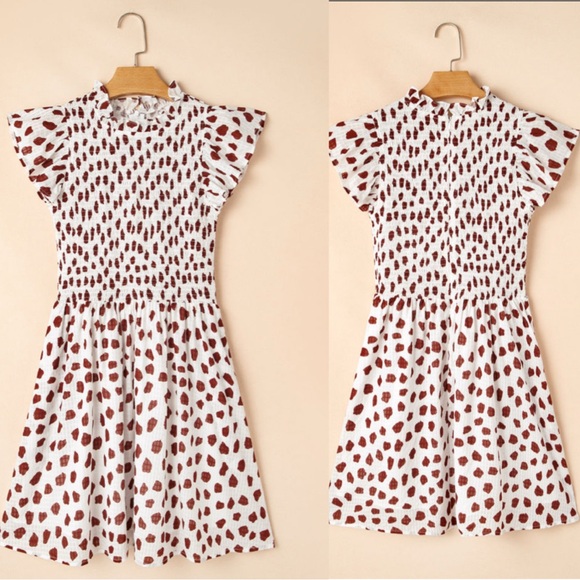 Brown Abstract Printed Flutter Sleeve Smocked Bodice Mini Dress - Picture 5 of 9